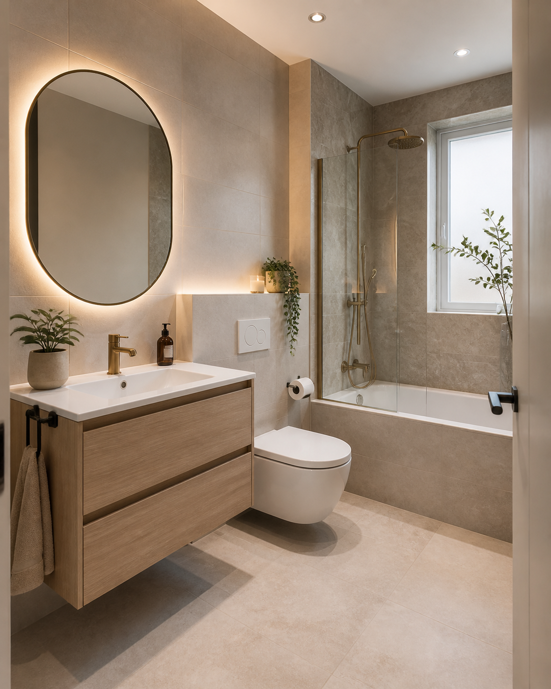 Baño contemporáneo reformado con materiales cálidos